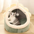 Yellow Pandora dinosaur pet house with soft bedding and toy, designed for small pets and featuring colorful, cozy dinosaur-themed decor.