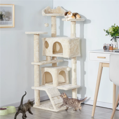 Yellow Pandora cat climbing sisal rope tower with multiple platforms and scratching posts for pets.