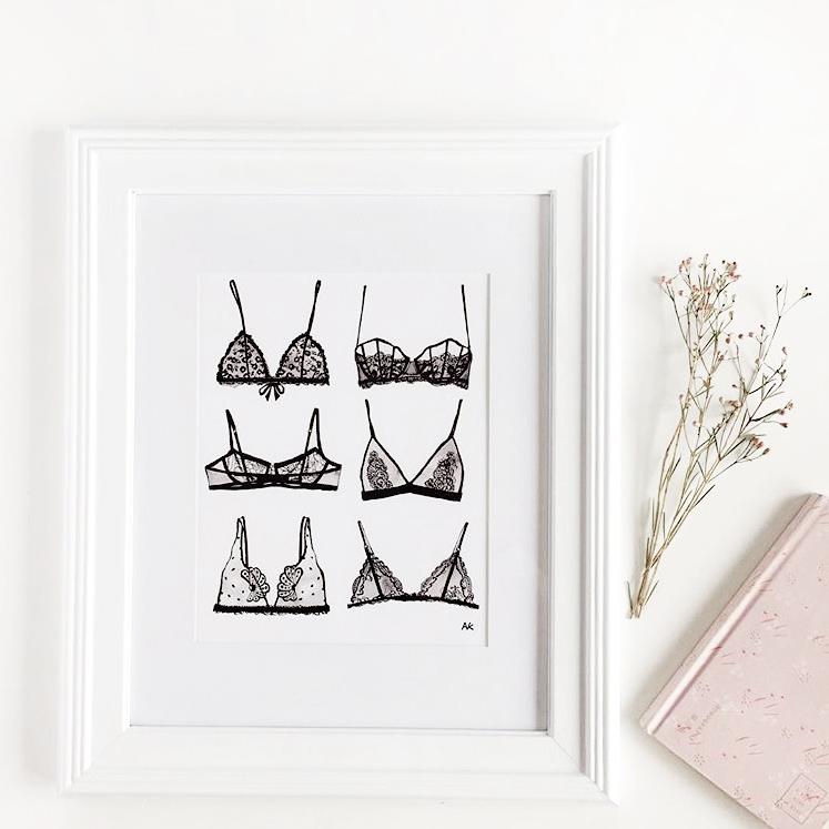 Magenta Lelantos bra lingerie art print gift, featuring a stylish and colorful artistic design of lingerie for decorative purposes.