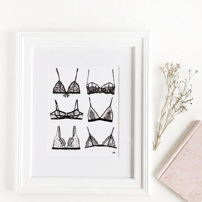 Magenta Lelantos bra lingerie art print gift, featuring a stylish and colorful artistic design of lingerie for decorative purposes.