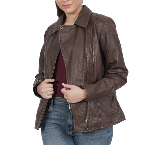 Azure Metis Kiara Brown Leather Jacket with zipper, stylish jackets and coats, close-up of front view showing leather texture and design