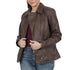 Azure Metis Kiara Brown Leather Jacket with zipper, stylish jackets and coats, close-up of front view showing leather texture and design