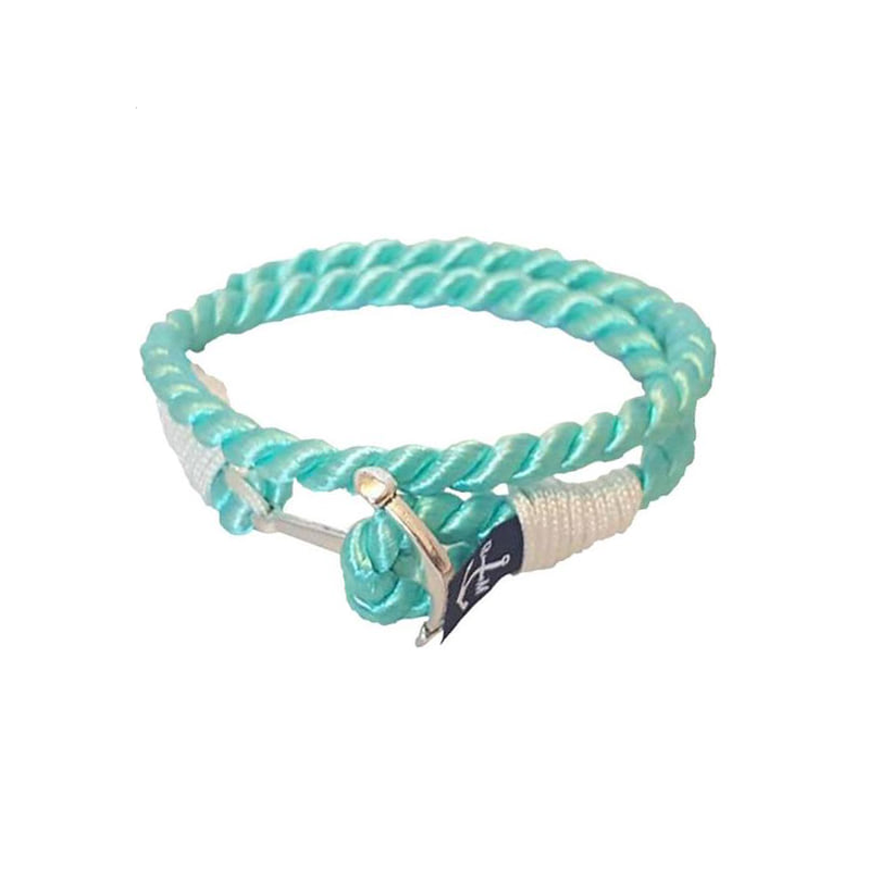 Teal Abderus Aqua Rope Nautical Bracelet with braided blue and white cord, adjustable with a seashell charm.