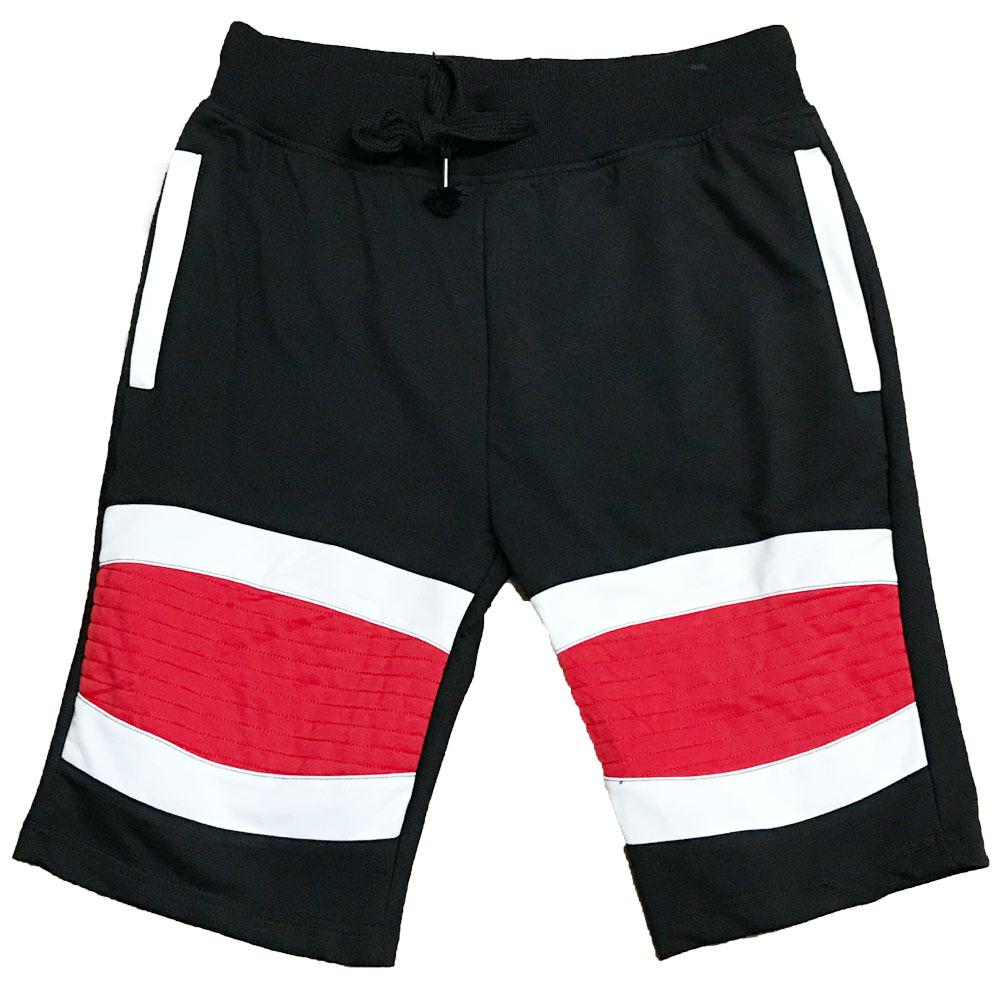 Red Stripe Moto Shorts by Lime Milo featuring a stylish design and comfortable fit, shown on a model in the image.