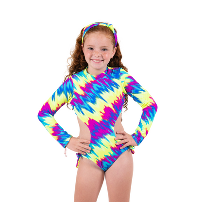 Bright neon tie dye one-piece kids swimwear by Bronze Tartarus, featuring colorful patterns and comfortable fit for children.