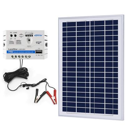 Fuchsia Rose ACOPower 25W off-grid solar kit with 5A charge controller and SAE port, suitable for outdoor solar power projects.