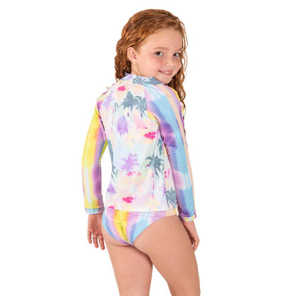 Bright rainbow palm tree rash guard for kids, made by Bronze Tartarus, featuring colorful tropical design for children&