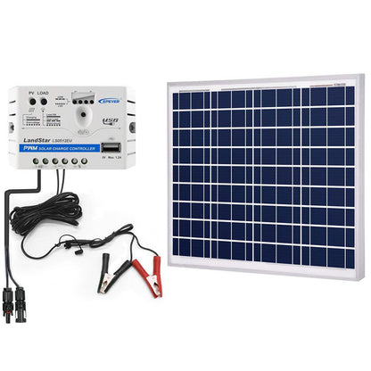 Fuchsia Rose ACOPOWER 50W 12V solar charger kit with 10A charge controller for outdoor solar power applications.