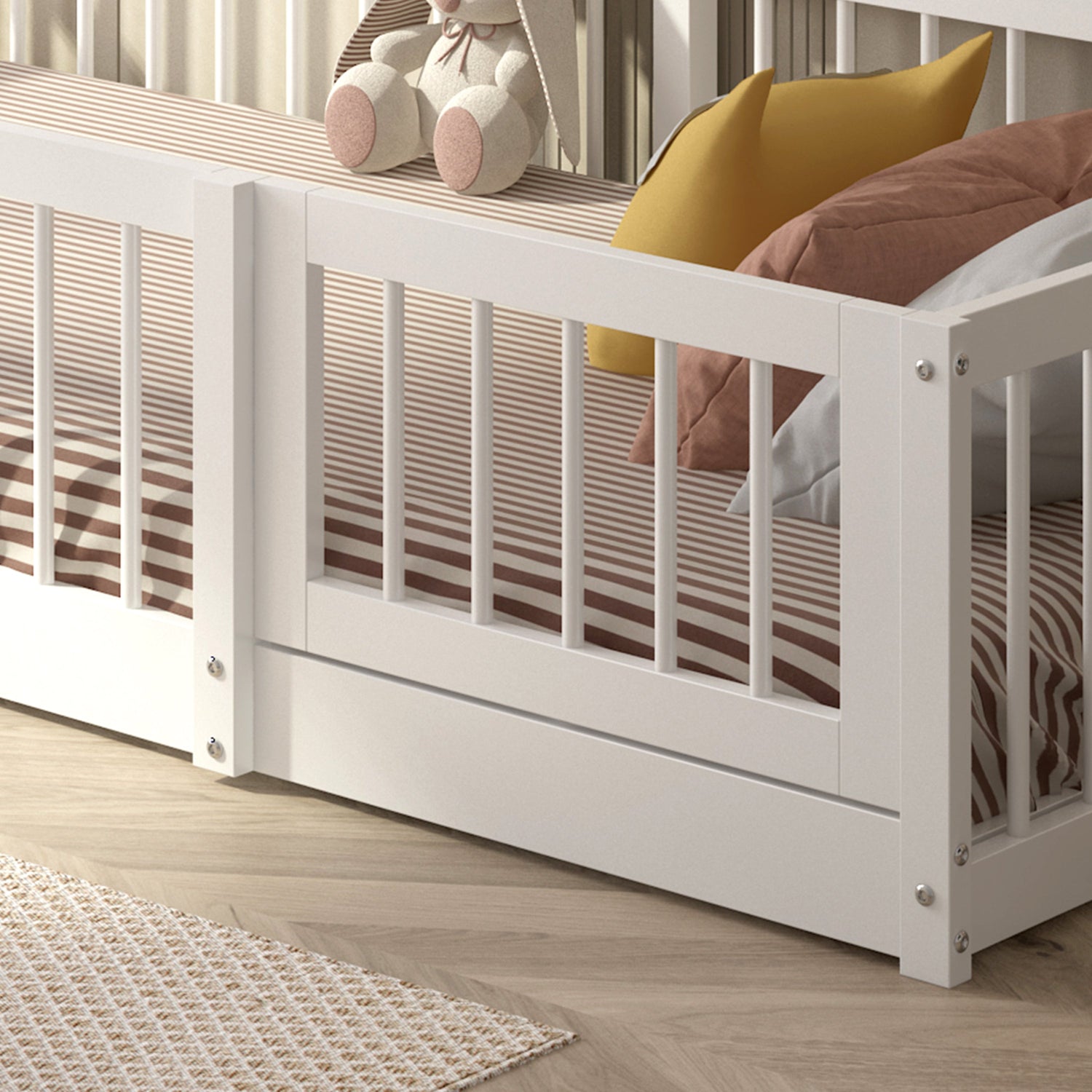 Olive Lucy Dream Raft Montessori natural floor bed for children, twin size, made of wood, placed on a cozy, minimal nursery floor.