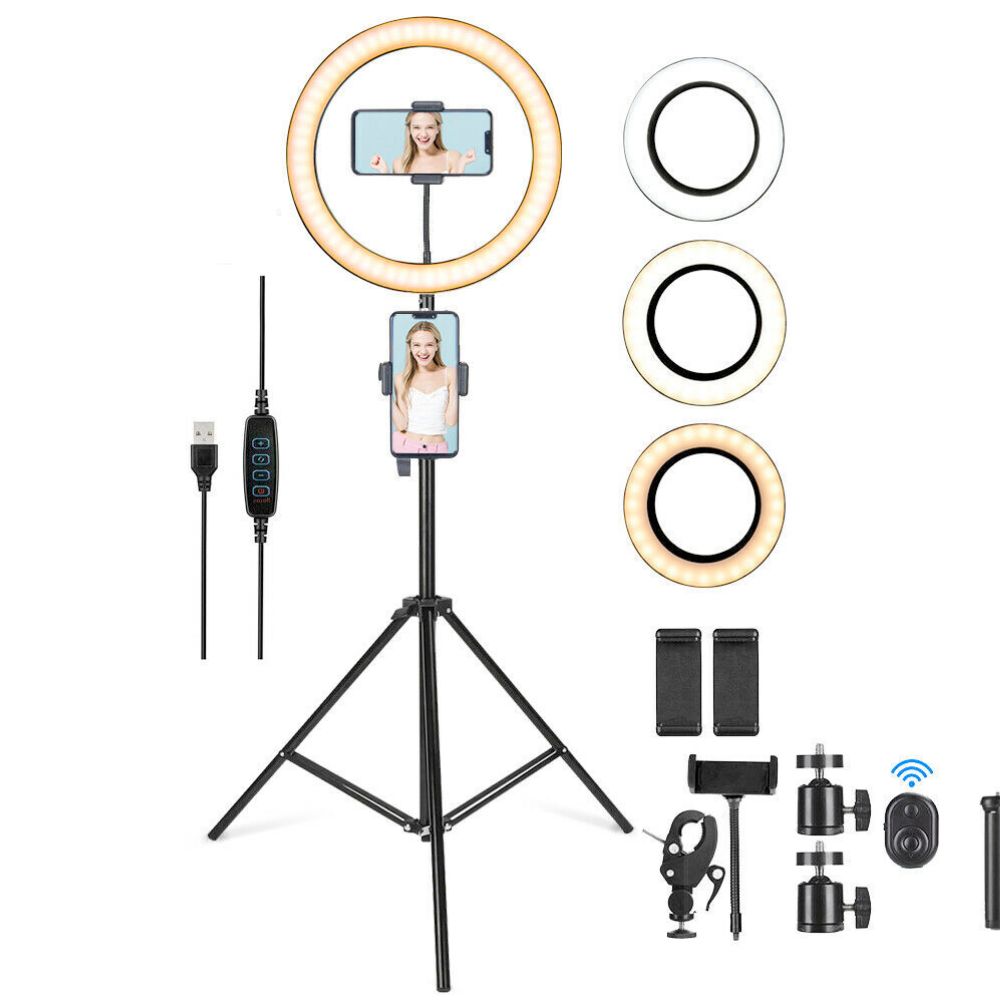 Yellow Pandora 10-inch LED ring light with adjustable phone tripod stand for mobile and laptop photography or video recording.