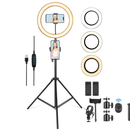 Yellow Pandora 10-inch LED ring light with adjustable phone tripod stand for mobile and laptop photography or video recording.