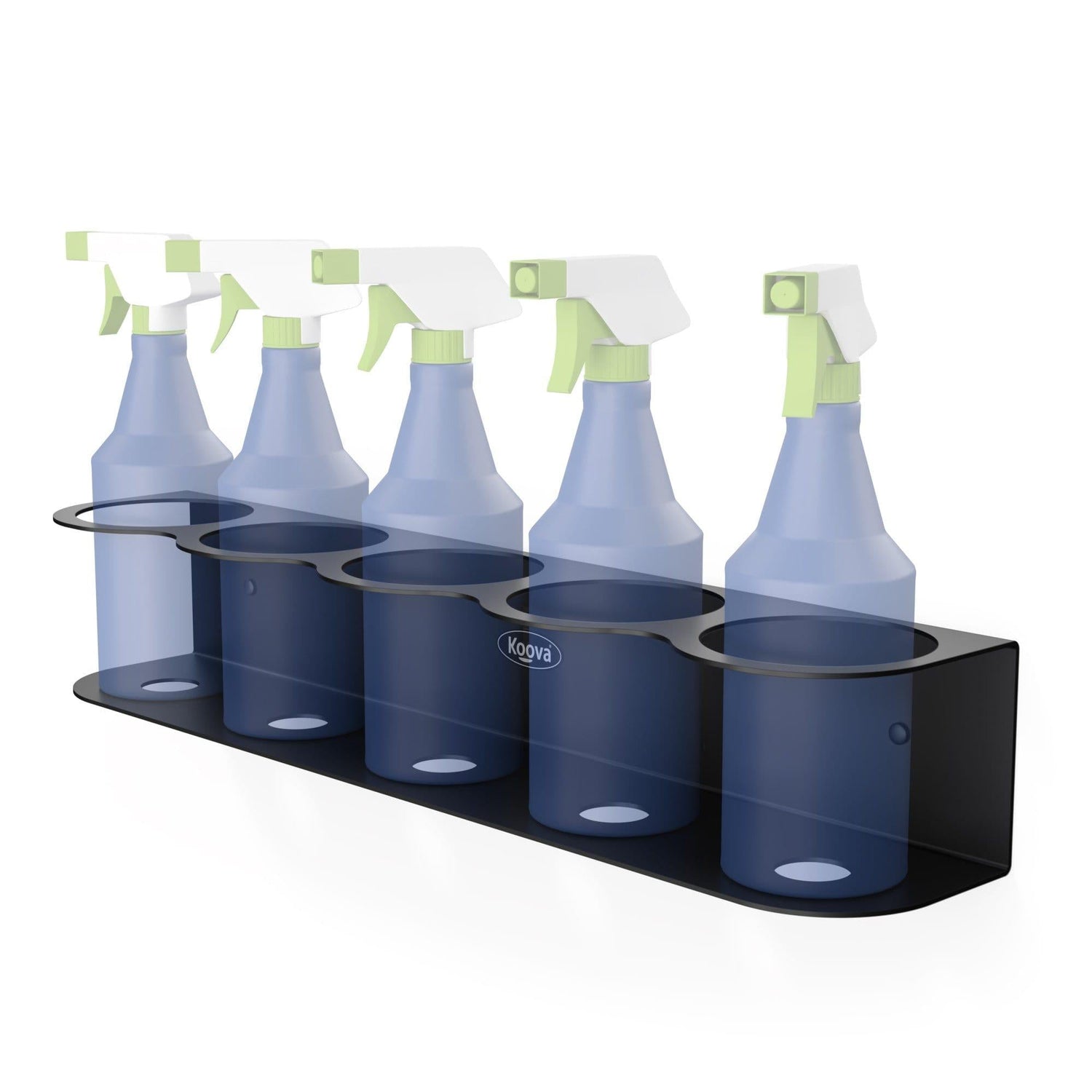 Crimson Astraeus spray bottle holder for five bottles, organized and mounted on a wall for kitchen or cleaning storage.