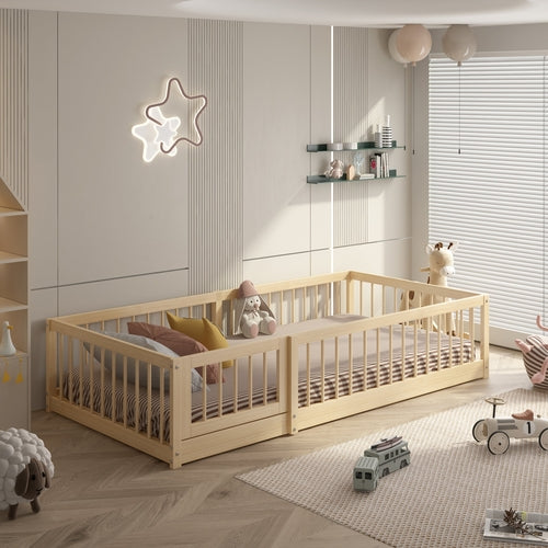 Olive Lucy Dream Raft Montessori natural twin floor bed for children, sturdy wooden furniture with smooth finish and low-profile design.