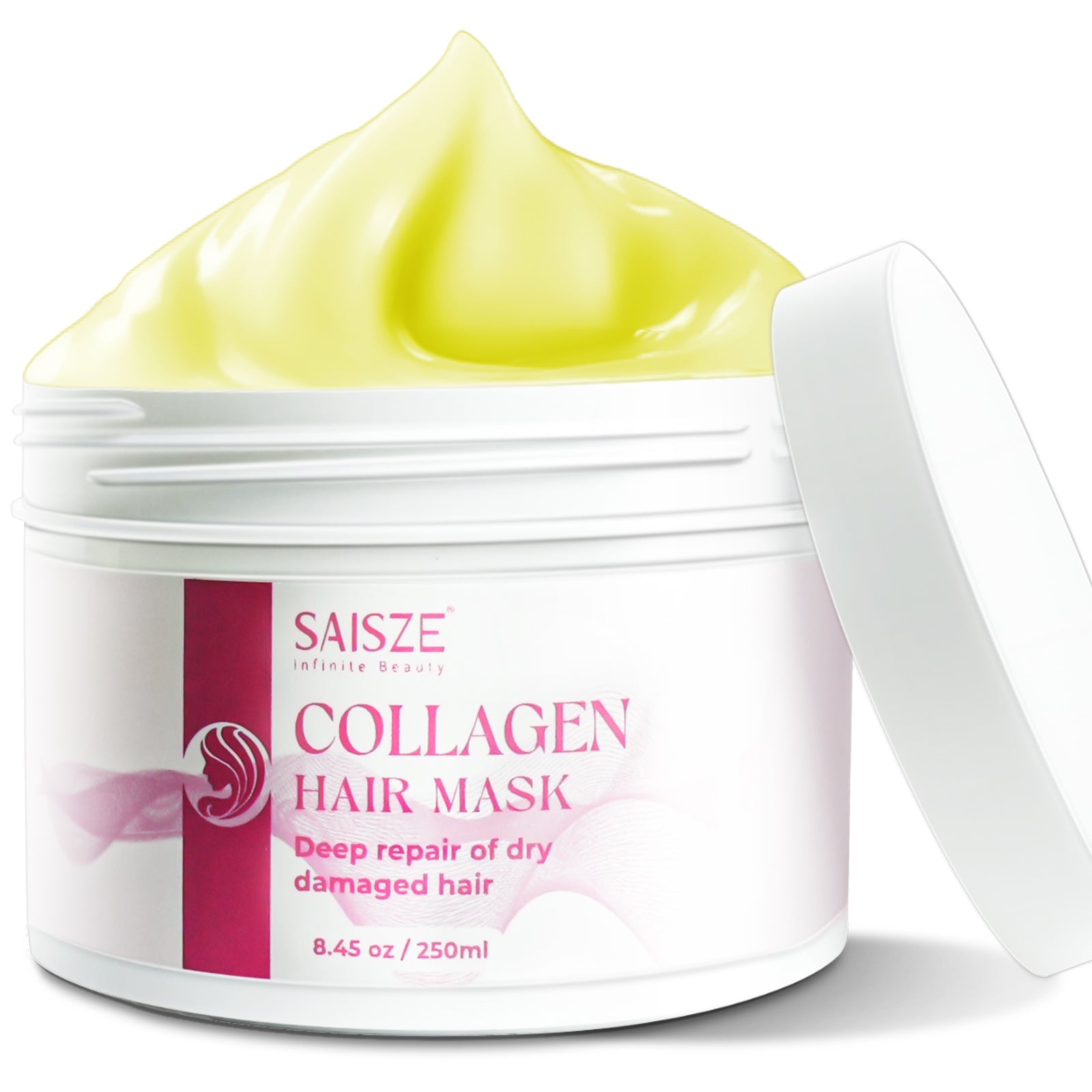 Pink Iolaus collagen hair mask in a jar, showcasing the creamy skincare treatment for healthy, shiny hair.