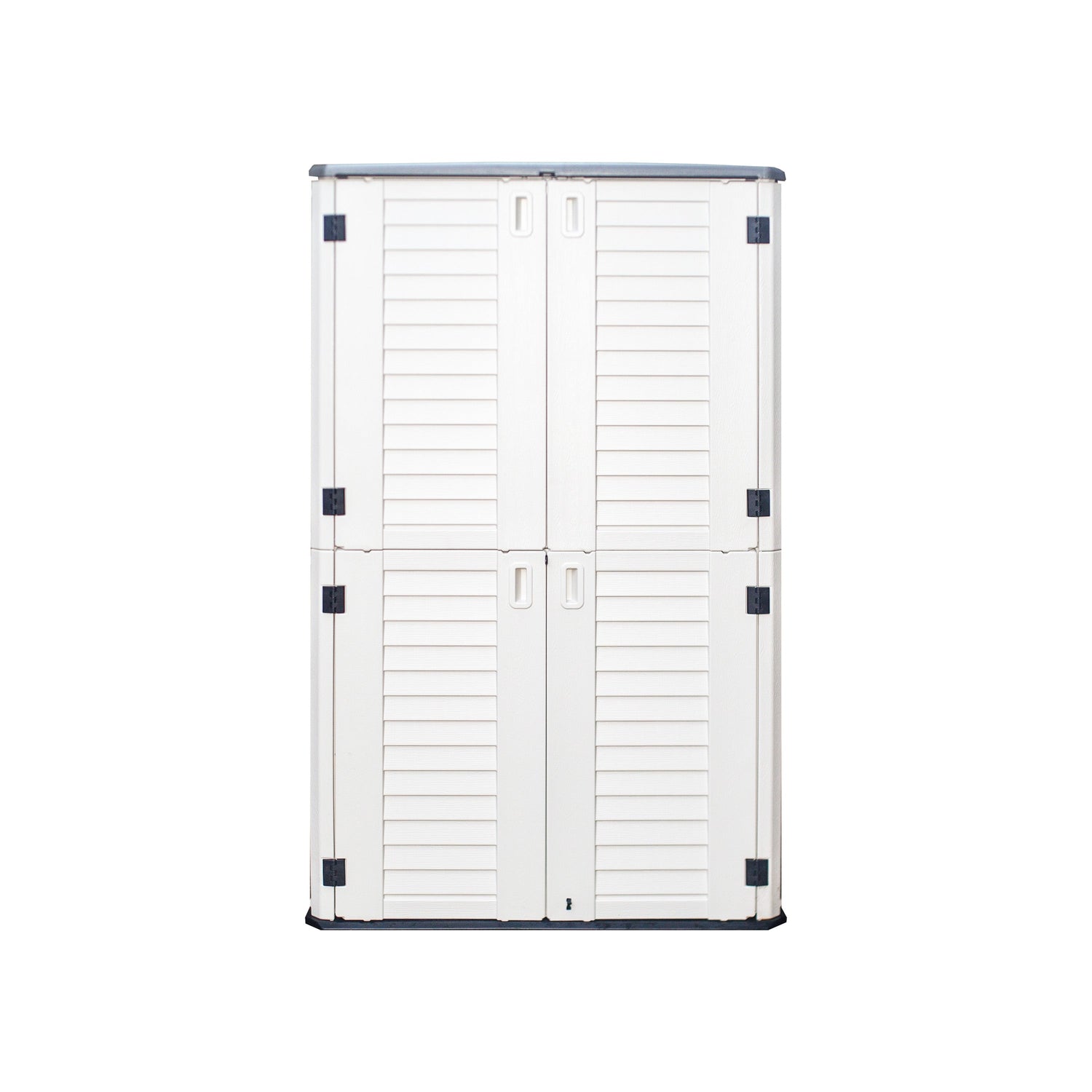 Emerald Thanatos Horti Cubic 66 cu. ft. outdoor vertical storage shed with organization compartments and sturdy metal construction.