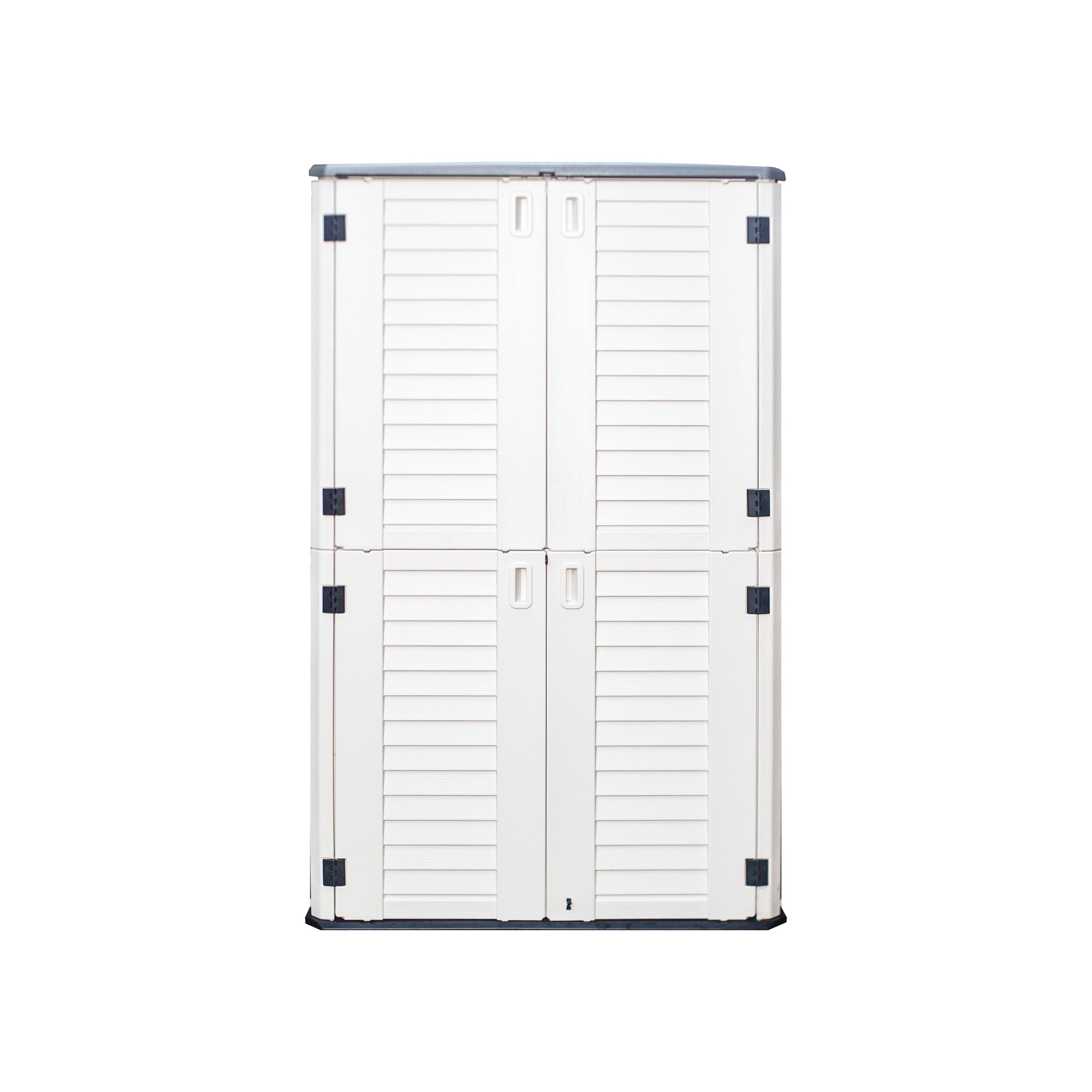Emerald Thanatos Horti Cubic 66 cu. ft. outdoor vertical storage shed with organization compartments and sturdy metal construction.