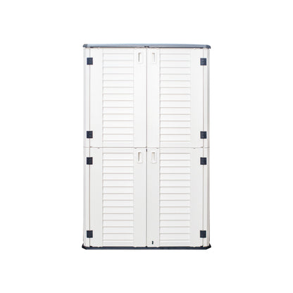 Emerald Thanatos Horti Cubic 66 cu. ft. outdoor vertical storage shed with organization compartments and sturdy metal construction.