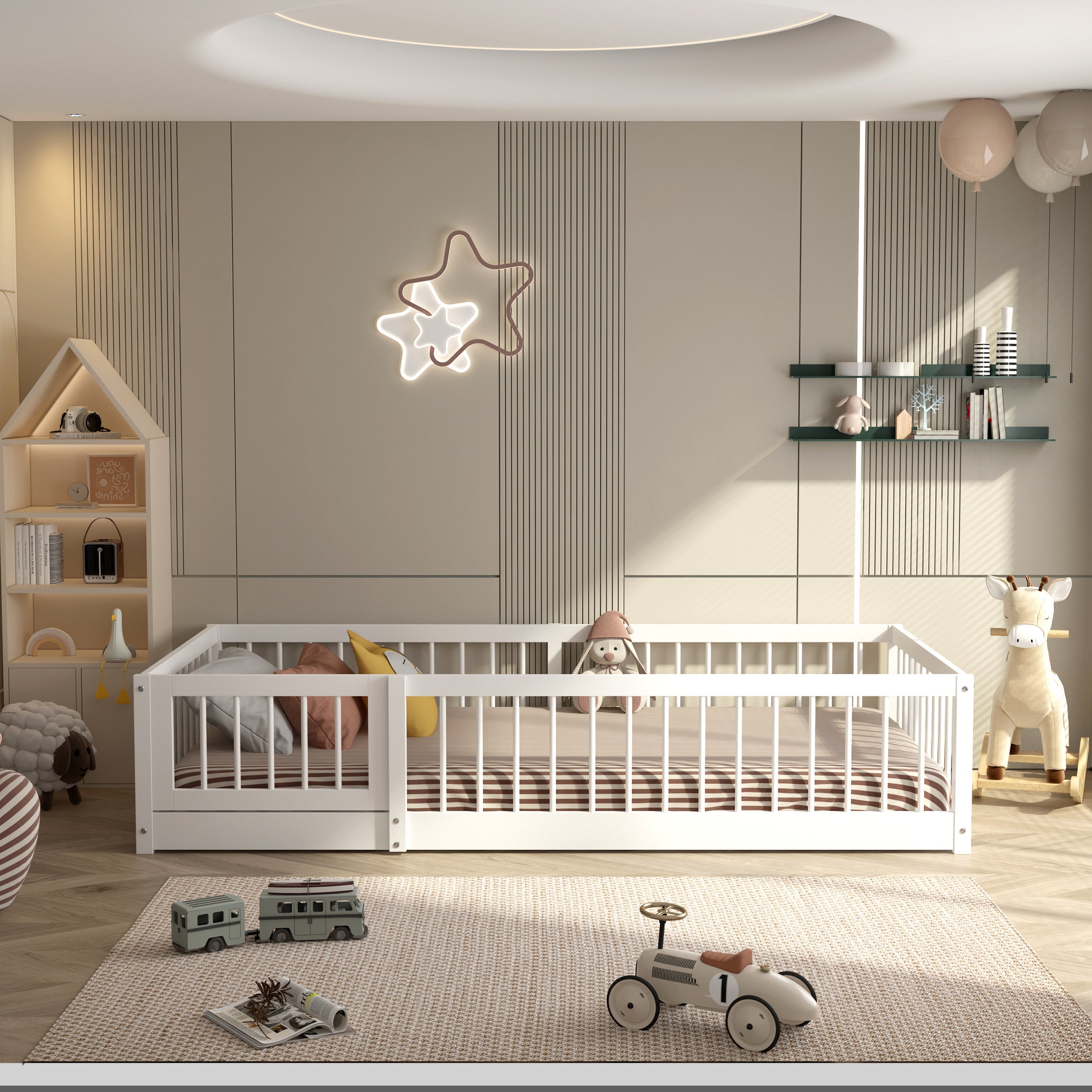 Olive Lucy Dream Raft Montessori natural twin floor bed with wooden frame and soft bedding for children&