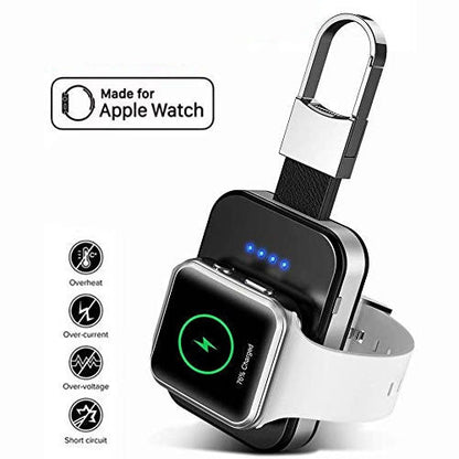 Salmon Lucky Apple Watch wireless charger power bank on key chain, compact tech accessory with charging port and key ring attachment.