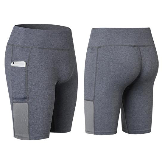 Stretchable All Seasons Yoga Shorts with phone pocket from Salmon Lucky, designed for comfortable active wear and convenience.