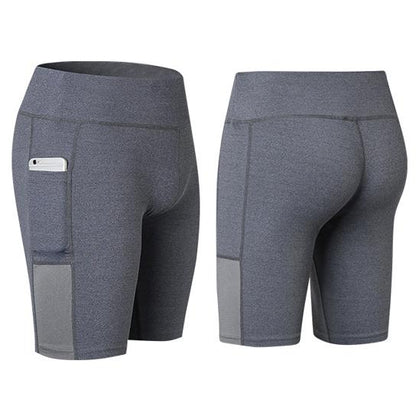 Stretchable All Seasons Yoga Shorts with phone pocket from Salmon Lucky, designed for comfortable active wear and convenience.