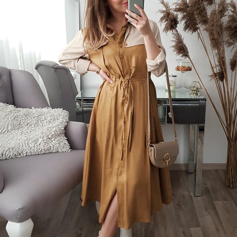 Elegant khaki mid-waist long sleeve dress for women by Jade, suitable for autumn and winter seasons.