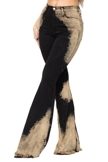 Jade Icarus Bleach Bum Bell Bottom pants with a 30-inch inseam, featuring a distressed bleach design and wide-legged fit.