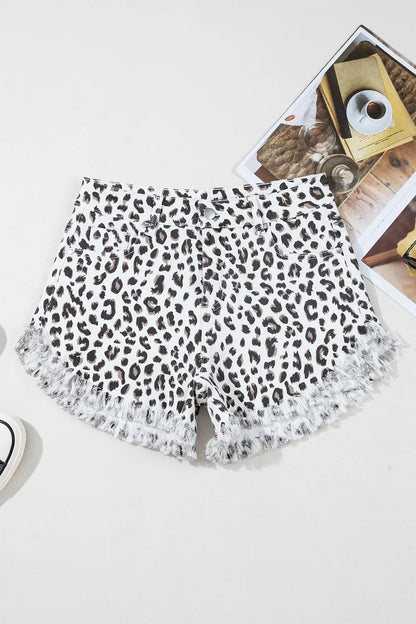 Leopard print frayed hem denim shorts for women by Ruby Styx, featuring distressed edges and a stylish, casual fit.