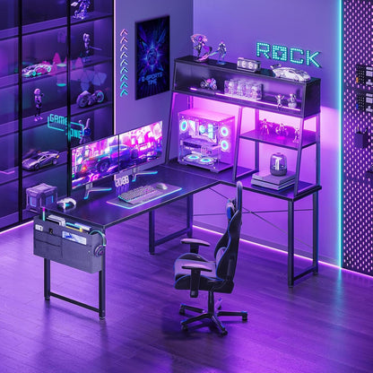 Fifty One Inch L Shaped Gaming Desk With Display Shelves LED Illumination