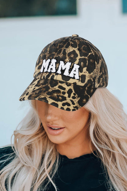 Leopard MAMA embroidered baseball cap by Carmine Juneberry featuring a leopard print design and adjustable strap.