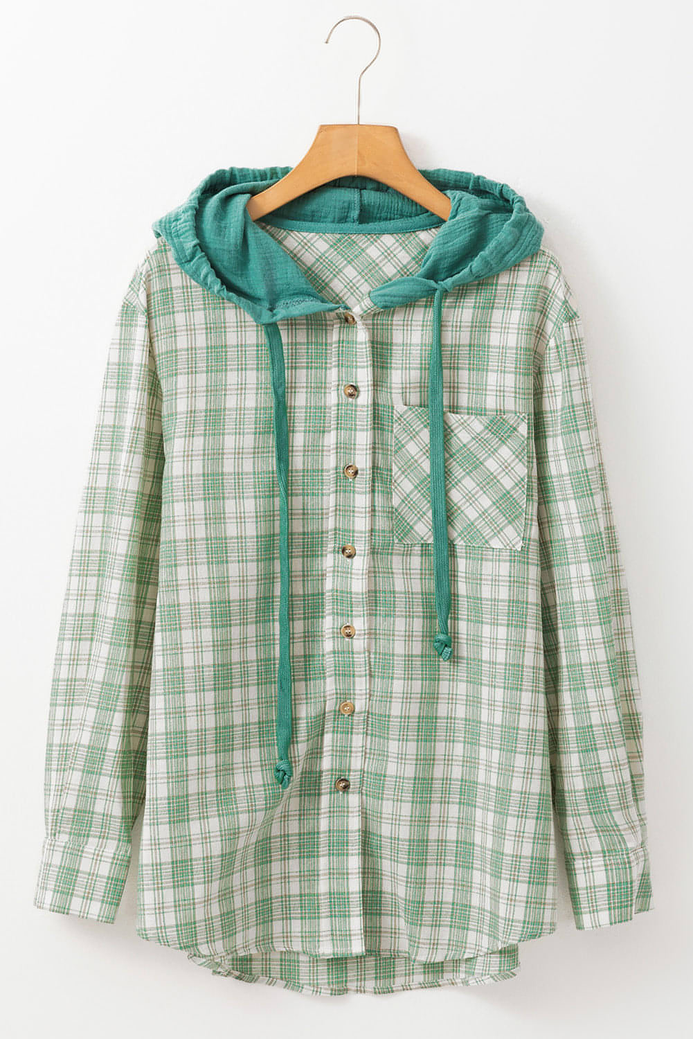 Green checkered print loose fit hooded shacket from Carmine Juneberry, featuring button closure and casual style.