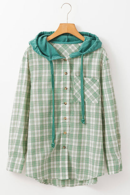 Green checkered print loose fit hooded shacket from Carmine Juneberry, featuring button closure and casual style.