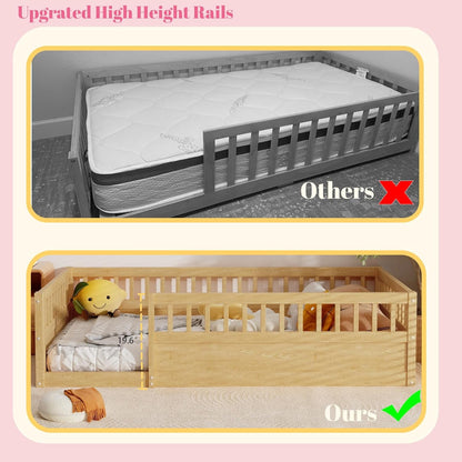 Natural twin Montessori floor bed with high safety rails from Peach Maple, showcasing a sturdy wooden frame and secure design.