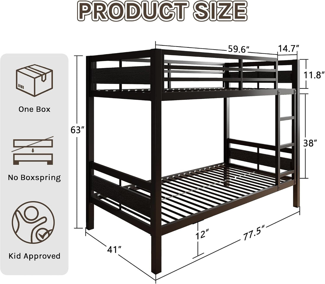 Twin Over Twin Industrial Grade Steel Bunk Bed Black Finish