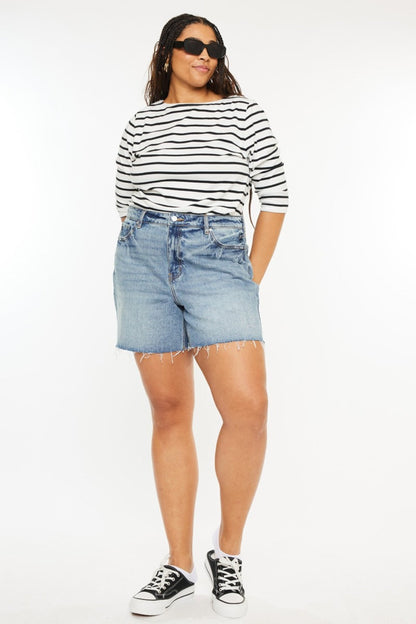 Jade Icarus Kancan raw hem high waist denim shorts, casual automotive-style denim shorts for women, front view.