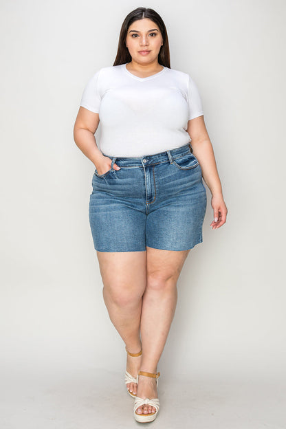 Judy Blue high waist slim denim shorts for women, Jade Icarus brand, shown in a full size image with front view and classic denim wash.