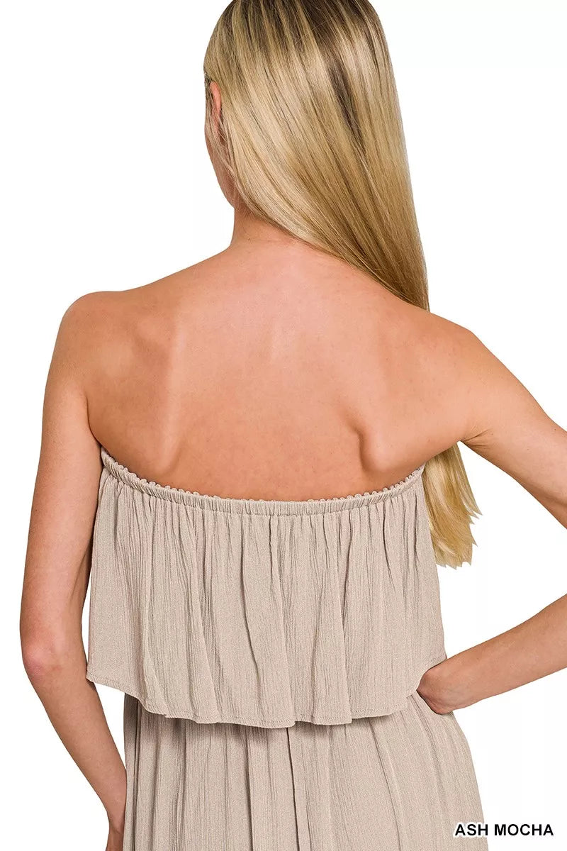 Woven crinkle strapless maxi dress by Pear Daisy, featuring a relaxed fit and elegant design, ideal for home and garden wear.