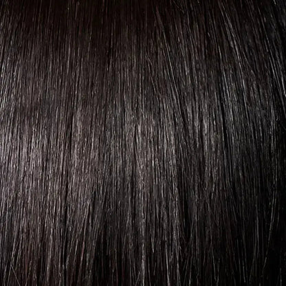 Elegant black braided wig with bangs and bun from Peach Clymene&
