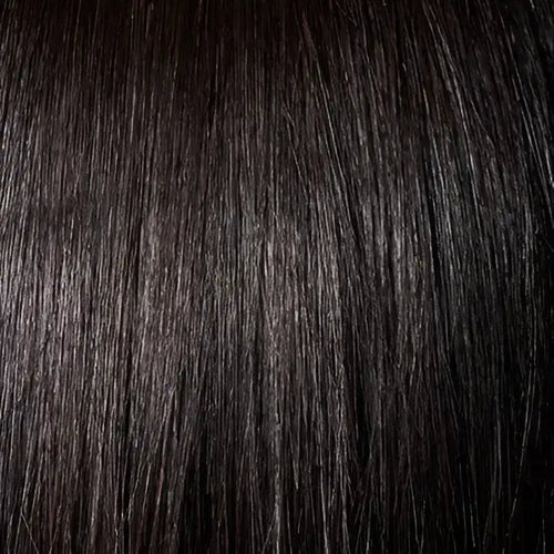 Leslie angled razor cut bob wig in off-black with HD lace and invisible side part by Peach Clymene, straight human hair style.