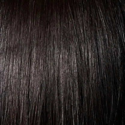 Leslie angled razor cut bob wig in off-black with HD lace and invisible side part by Peach Clymene, straight human hair style.