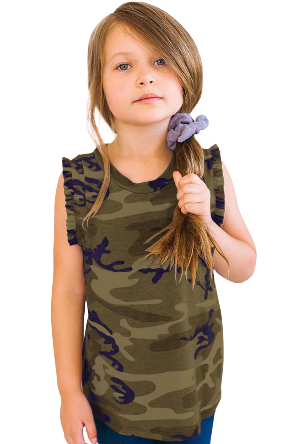 Camo print flounced armholes Little Girls’ tank top by Jade, featuring stylish design and comfortable fit.