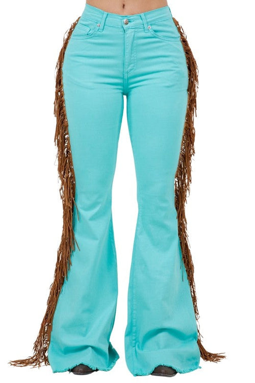 Jade Icarus Texas Sun Bell Bottom jeans with 32-inch inseam, featuring wide-leg style and denim fabric for women&