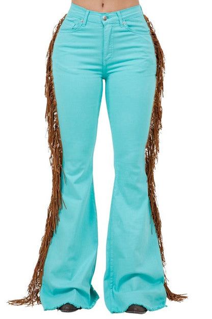 Jade Icarus Texas Sun Bell Bottom jeans with 32-inch inseam, featuring wide-leg style and denim fabric for women&