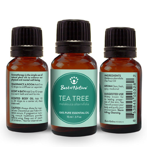 Purple Missy Tea Tree Essential Oil bottle, natural product for diffusers, oils, and candles, with a clear label and green accents.