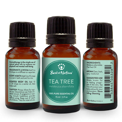 Purple Missy Tea Tree Essential Oil bottle, natural product for diffusers, oils, and candles, with a clear label and green accents.