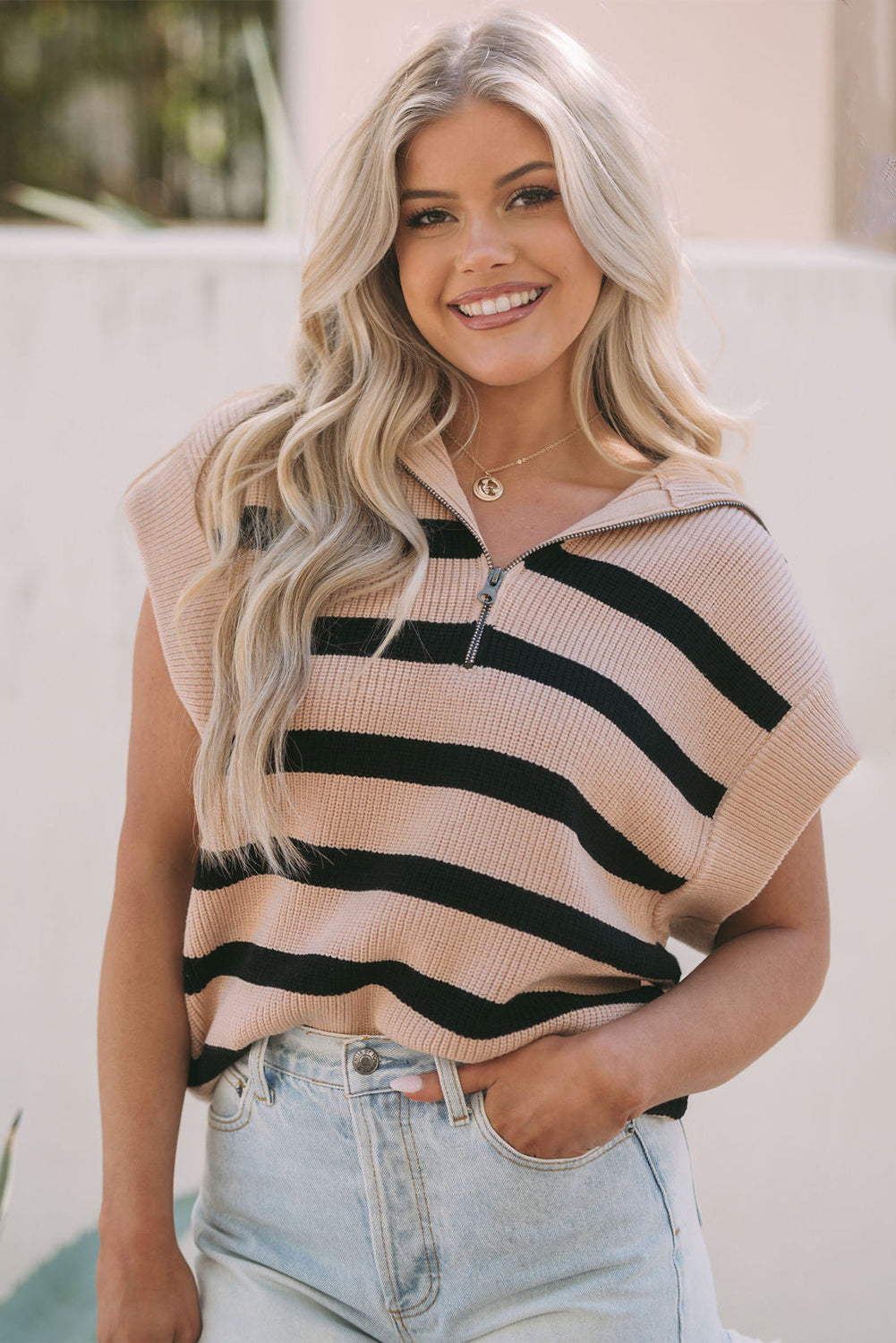 Khaki stripe zipped collar short sleeve sweater by Harlequin Daisy, featuring a stylish design and comfortable fit.