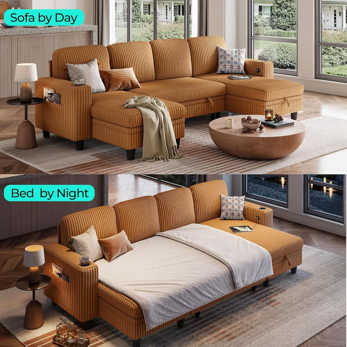Brown UShaped Convertible Sectional Sofa Bed USBPort