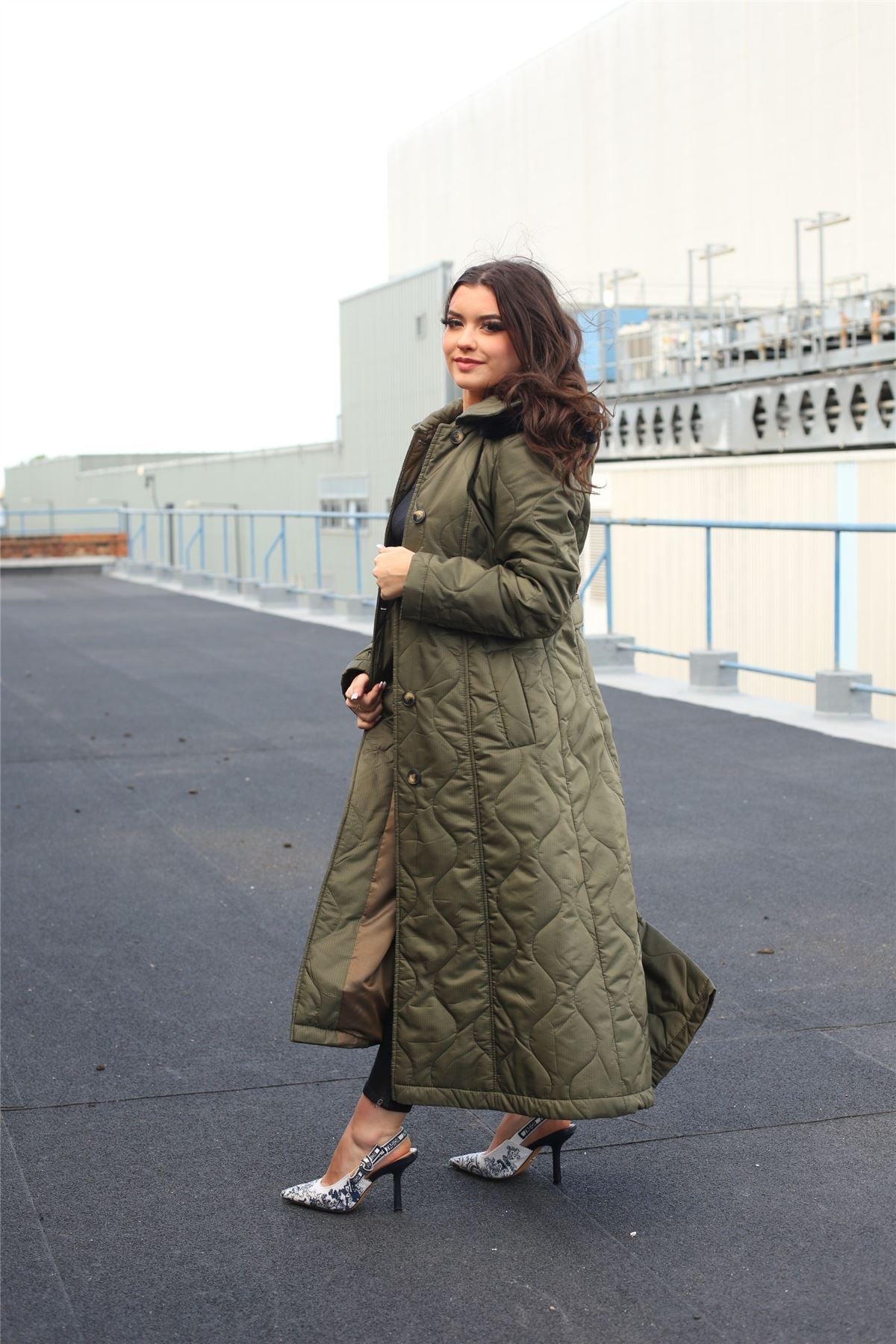 Rose Eleusis quilted longline hooded coat, single-breasted jacket with quilted design, long length, and hooded style.