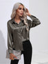 Start2Finish satin V-neck long sleeve blouse for women, black and white silk office shirt, casual spring summer apparel.