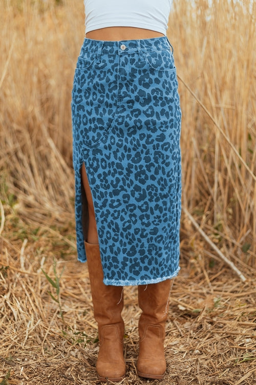 Leopard print denim midi skirt with frayed hem for women, Byzantium Bay fashion, stylish and casual women&